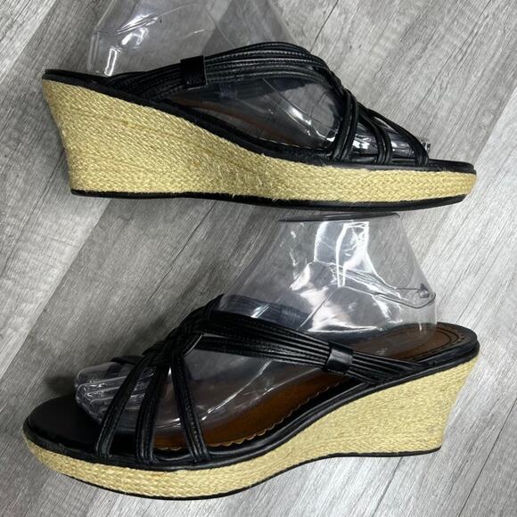 CLARK Artisan Espadrille Slide Wedge  Sandals Black Leather Size 9 - Picture 2 of 8